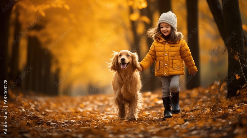 A little girl walking a dog through a forest A little girl walking a dog through a forest