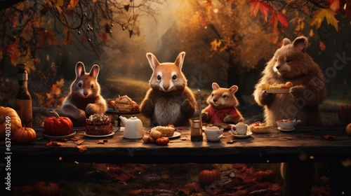 A group of animals sitting at a table with food © Maria Starus