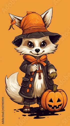 A fox dressed as a witch holding a pumpkin