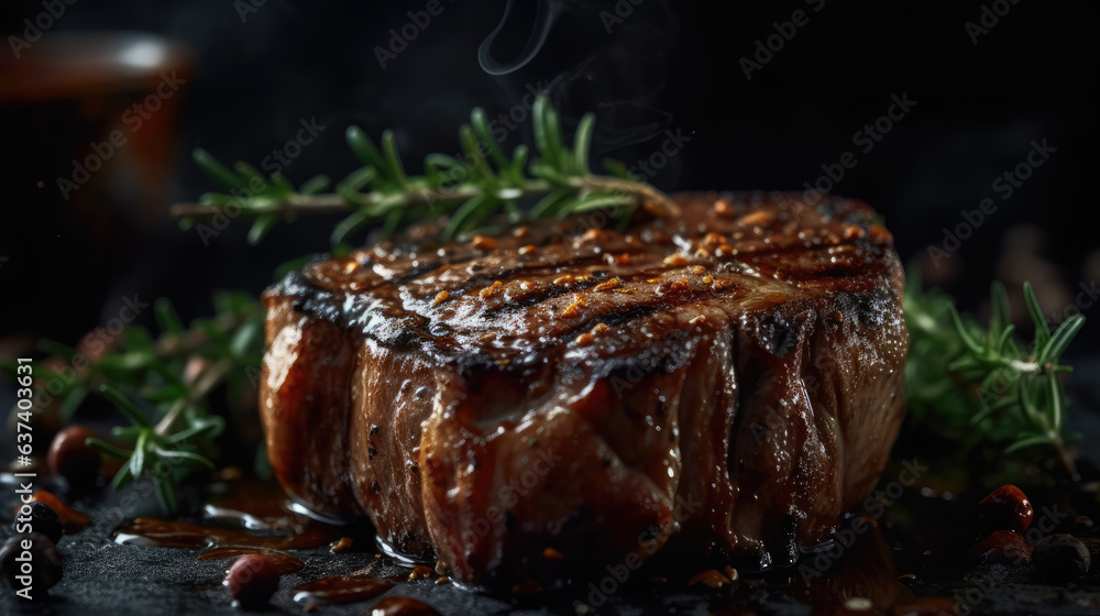 Juicy grilled veal steak. On a dark background. Meat and spices. Juicy grilled veal steak. On a dark background. Meat and spices.