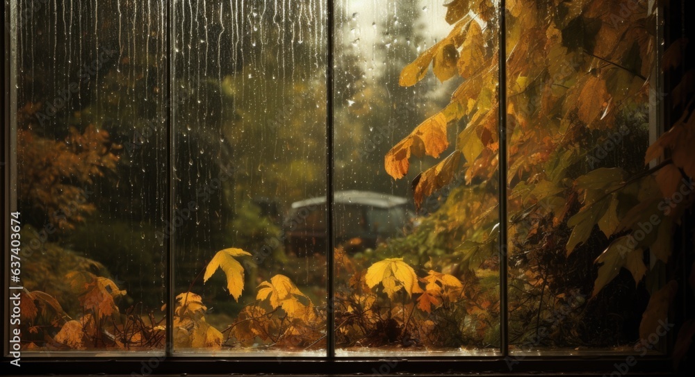 A window with a view of rainy autumn garden - obrazy, fototapety, plakaty 