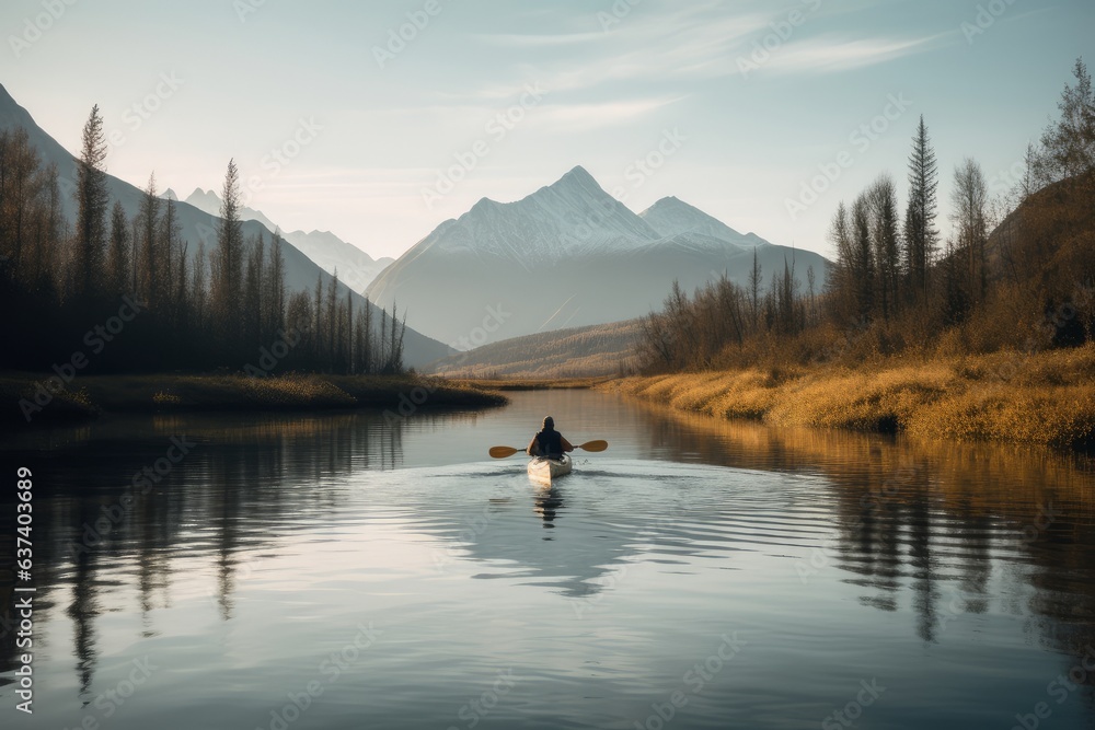 A kayaker enjoying a scenic river surrounded by majestic mountains
