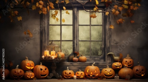 A group of pumpkins sitting in front of a window