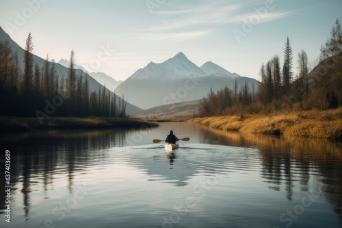 A kayaker enjoying a scenic river surrounded by majestic mountains