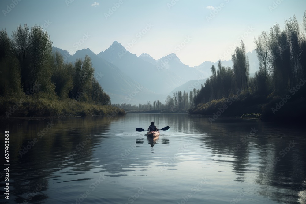 A person kayaking down a scenic river