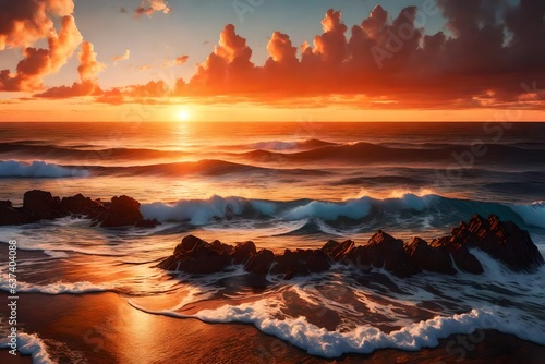 a painting of a sunset over the ocean with waves crashing on the shore and clouds in the sky over the ocean and the beach area 3d rendering