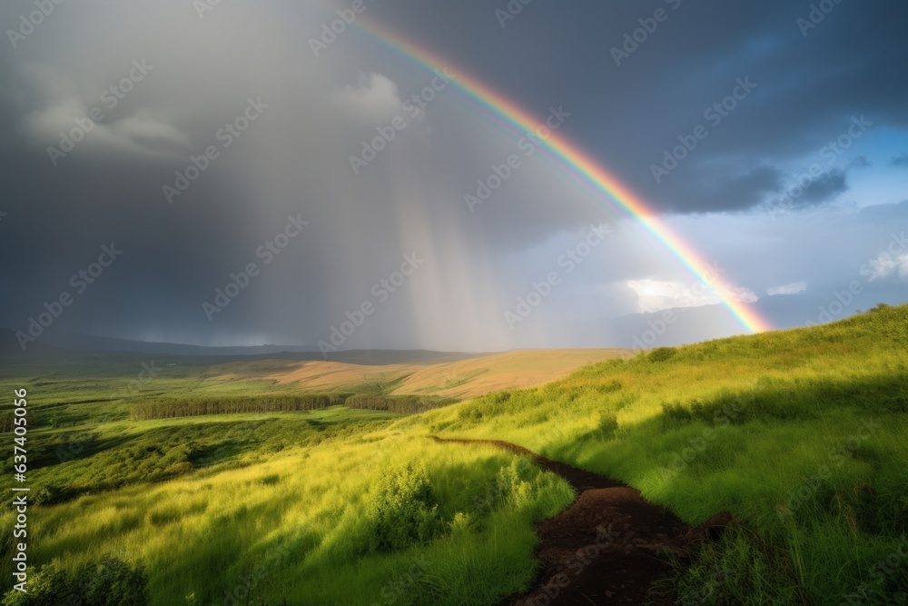 A vibrant rainbow over a lush green field