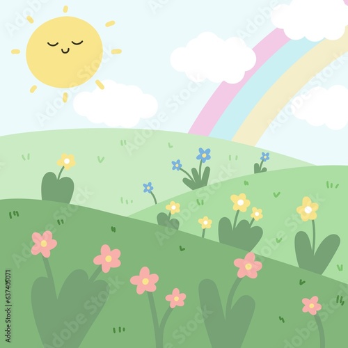 Schilderij op canvas spring landscape with flowers, sun, rainbow