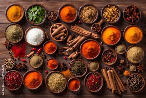 Big set of Indian and orientals spices and herbs with wooden spatulas. On a wooden table.