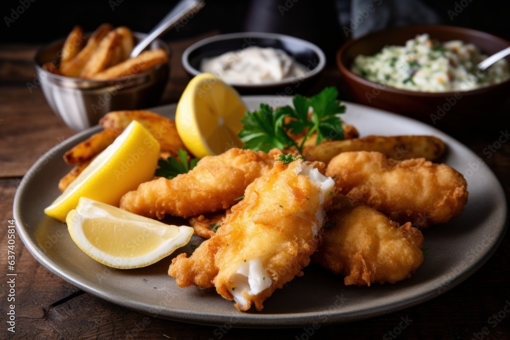 A delicious fried fish dish with refreshing lemon wedges on a white plate A delicious fried fish dish with refreshing lemon wedges on a white plate