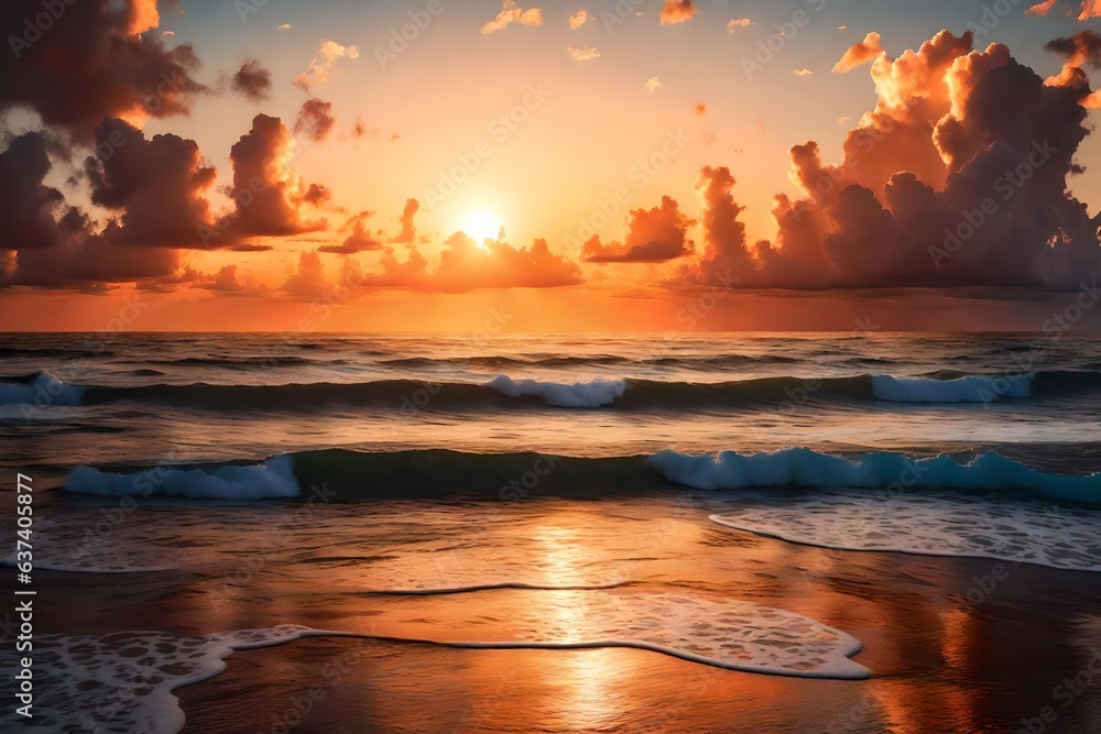 a painting of a sunset over the ocean with waves crashing on the shore and clouds in the sky over the ocean and the beach area 3d rendering