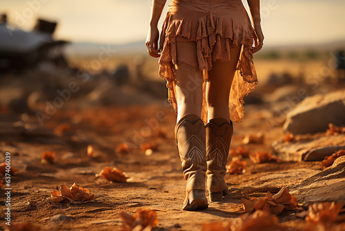 Close-up of a woman in a brown dress and cowboy boots walking through the field