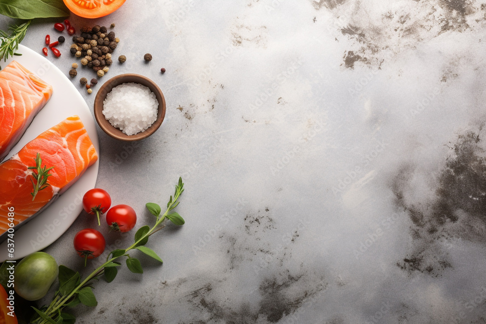 Top view of salmon,herbs and spices on a stone background.Health food, diet concept.Created with Generative AI technology. Top view of salmon,herbs and spices on a stone background.Health food, diet concept.Created with Generative AI technology.