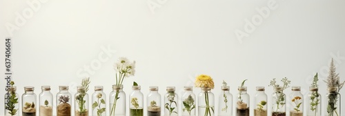 Herbal apothecary aesthetic. Jars with dry herbs and flowers on a beige background. With Generative AI technology photo