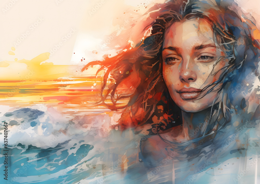 Beautiful mysterious girl on restless sea beach during late sunset; Sunny day; Sunset reflecting on the sea;
 Resolution 5824x3264 (16:9)