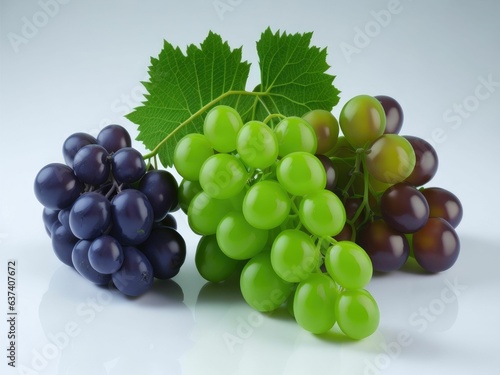 Bunch of fresh green grapes with leaves on white background Productive AI 