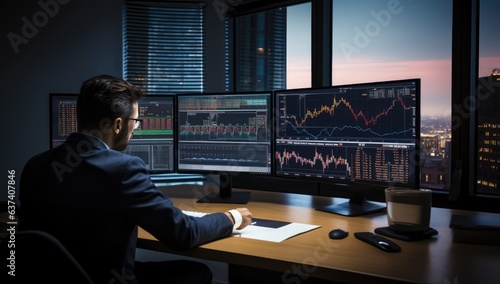 Businessman analyzing stock market data on multiple monitors while sitting in office