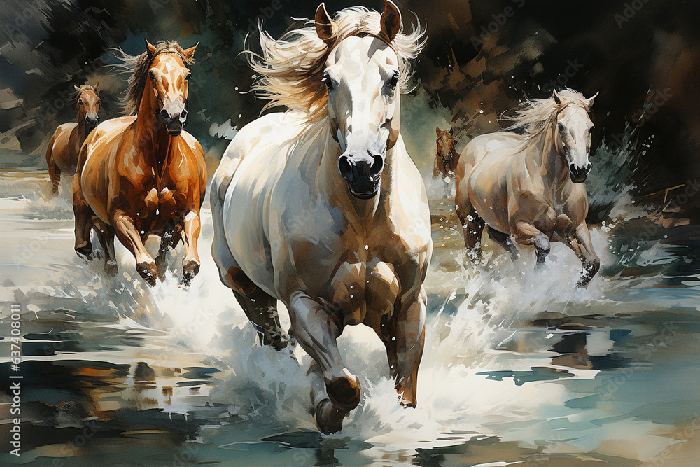 Fototapeta premium a herd of horses in the water