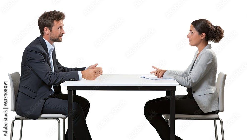 Obraz premium Businessman and businesswoman sitting at table and discussing over white background