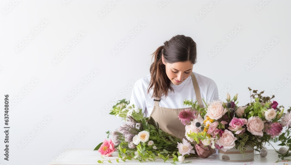 Female florist making beautiful bouquet on table in flower shop
