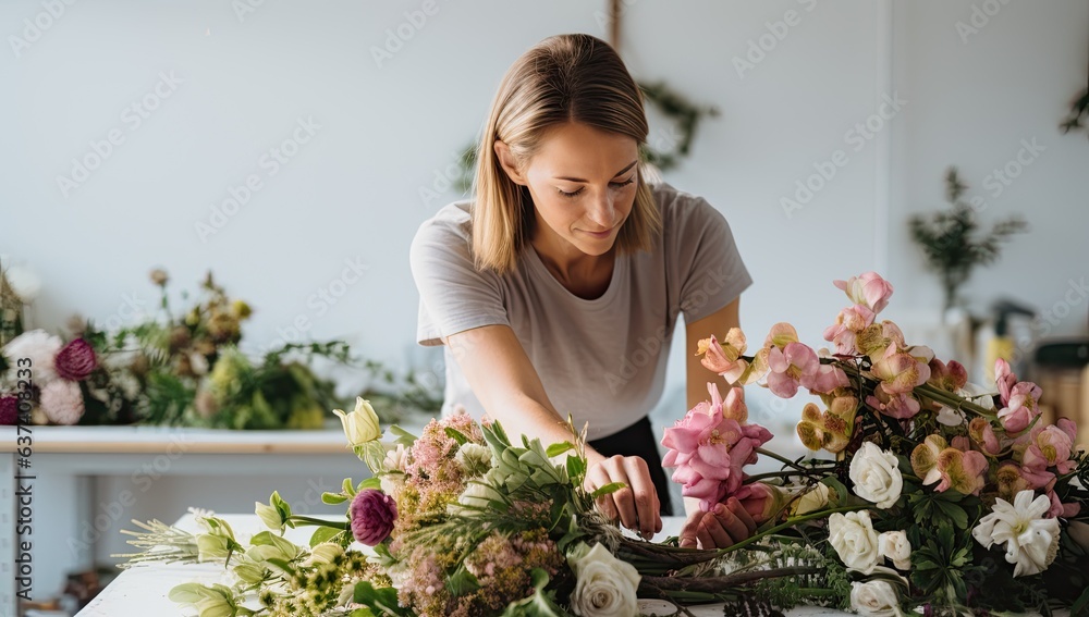 young florist making beautiful bouquet of flowers in flower shop