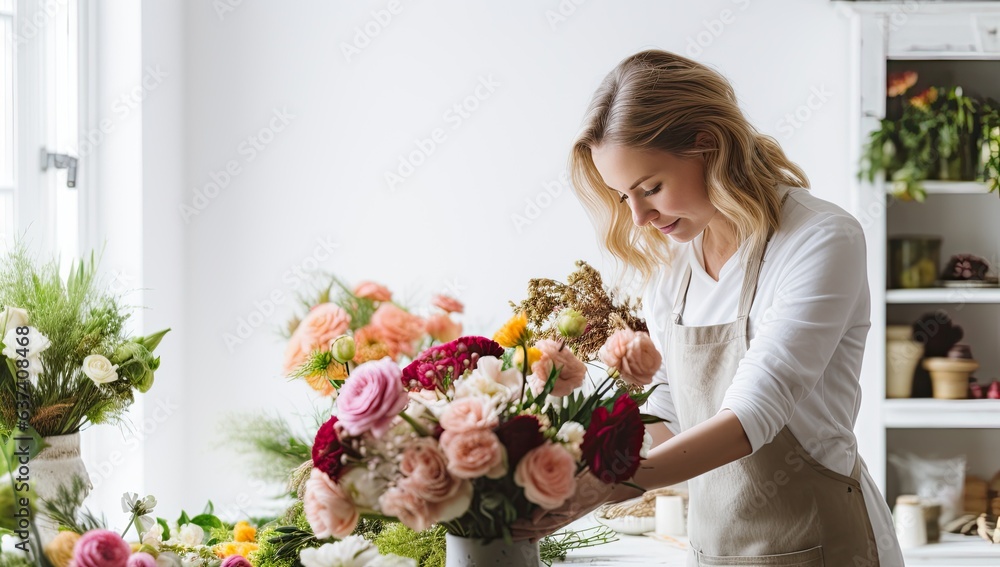 beautiful young woman florist making bouquet in flower shop beautiful young woman florist making bouquet in flower shop