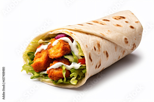 a wrap with chicken and lettuce on it
