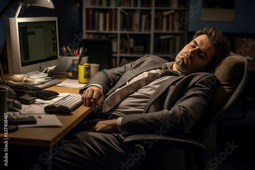 a tired office worker sleeps at his desk