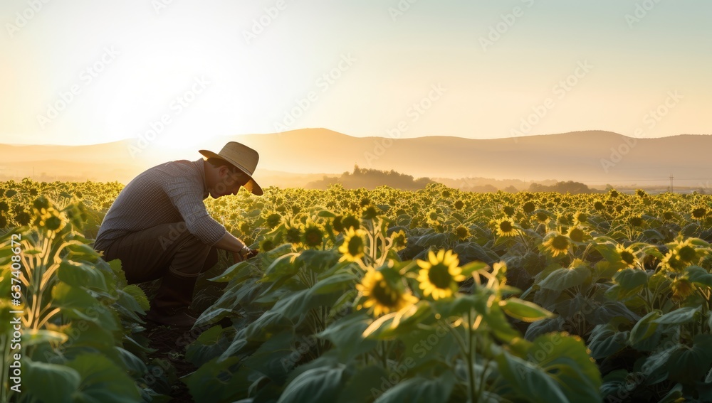 Fototapeta premium Farmer in hat examining sunflower field with sunflowers at sunset