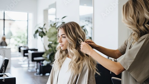 Foto Professional hairdresser doing hairstyle for woman in beauty salon