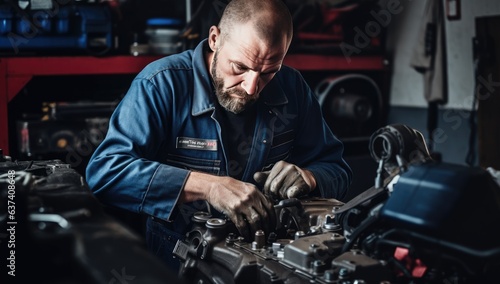 Professional auto mechanic working in auto repair shop, repairing car engine.