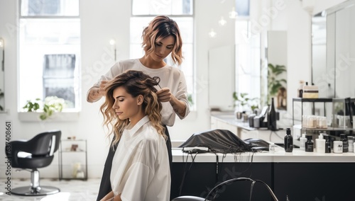 Professional hairdresser doing hairstyle for woman in beauty salon