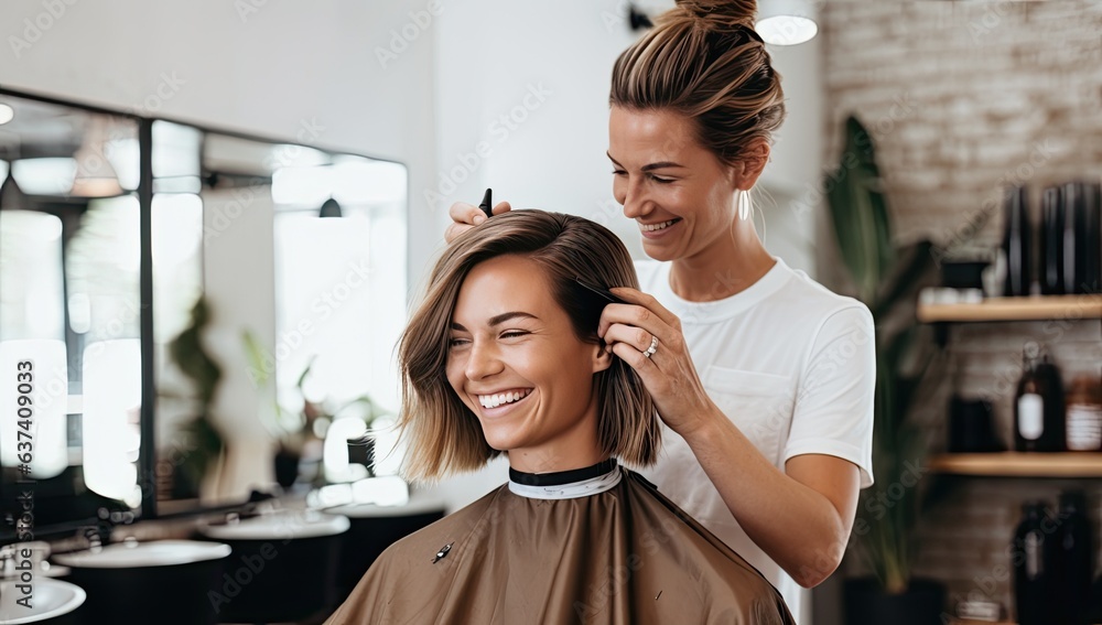 smiling hairdresser doing haircut for woman in beauty salon - obrazy, fototapety, plakaty 