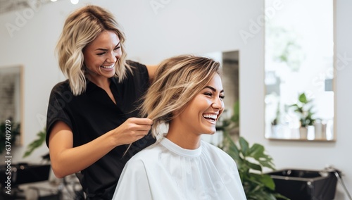 Fotografiet selective focus of hairdresser cutting hair of happy woman in beauty salon