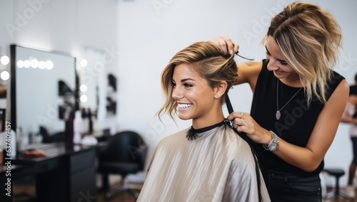 Beautiful young woman getting her hair cut in a beauty salon.
