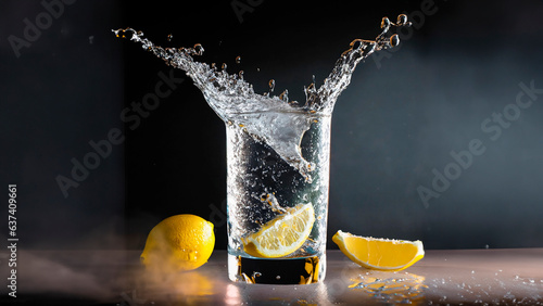 Abstract blueSplash with drinks in the glass, splash with fruits, lime juice, studio lighting, ice and water drops, Abstract blue water drop in the form of a sphere water drop in the form of a sphere photo