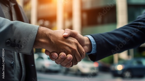 business handshake of two businessmen shaking hands in the city Generative AI, AI Generated