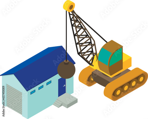 Demolition work icon isometric vector. Demolition crane and old utility building. Construction site