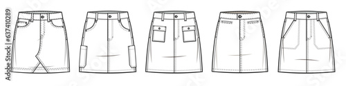 Jeans skirt fashion technical drawing template. mini skirt design styles collection. fashion flat drawings. skirt vector illustration. front and back view. CAD mockup set.