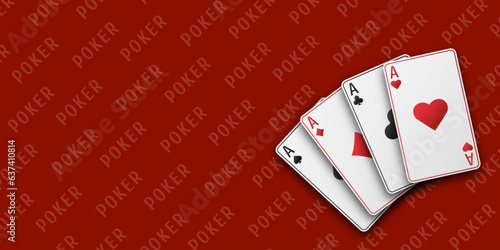 Poker concept. Fan of hand playing cards. Red playing table. Four aces with the suit of hearts, clubs, diamonds and spades. Vetor illustration.