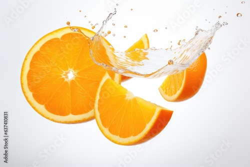 sliced flying orange with splash isolated on white background. cut orange in pieces isolated on white background, AI Generated