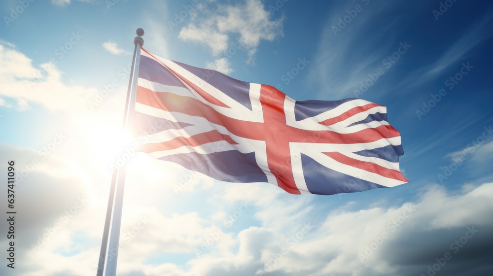 United Kingdom national flag waving in beautiful sky. - obrazy, fototapety, plakaty 