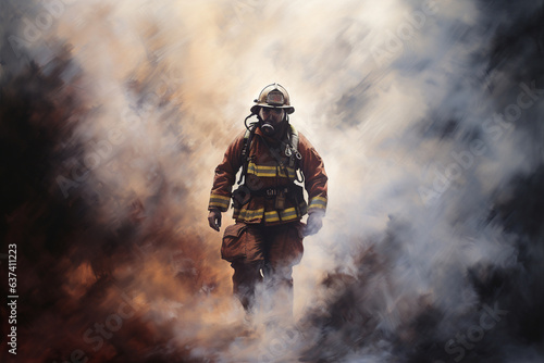 Surrounded by a sea of smoke, a firefighter emerges, his confident stride leading him from the midst of adversity towards safety.  photo