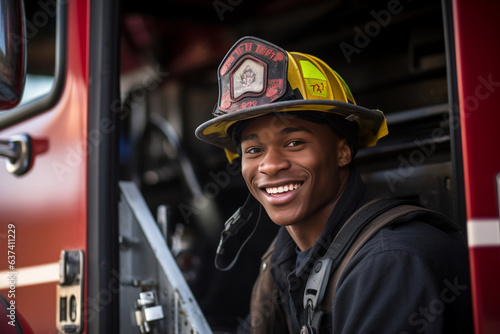 Leaning against his fire truck, a firefighter's relaxed smile speaks of camaraderie amidst the demanding life-saving work. 