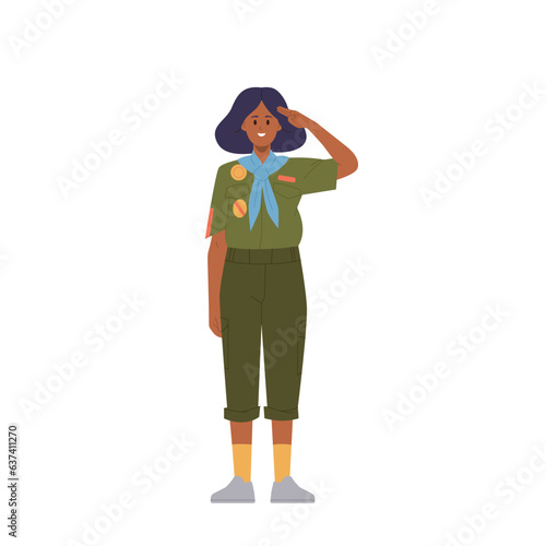 Young girl scout cartoon character wearing uniform saluting showing greeting and welcoming gesture
