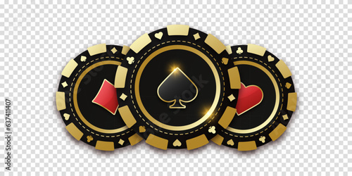 Concept poker or casino. Gambling coin with suit spades. Trio of playing chips or token. Realistic playing chip coin with the suit of spades in the center, gambling tokens. Banner for web app or site