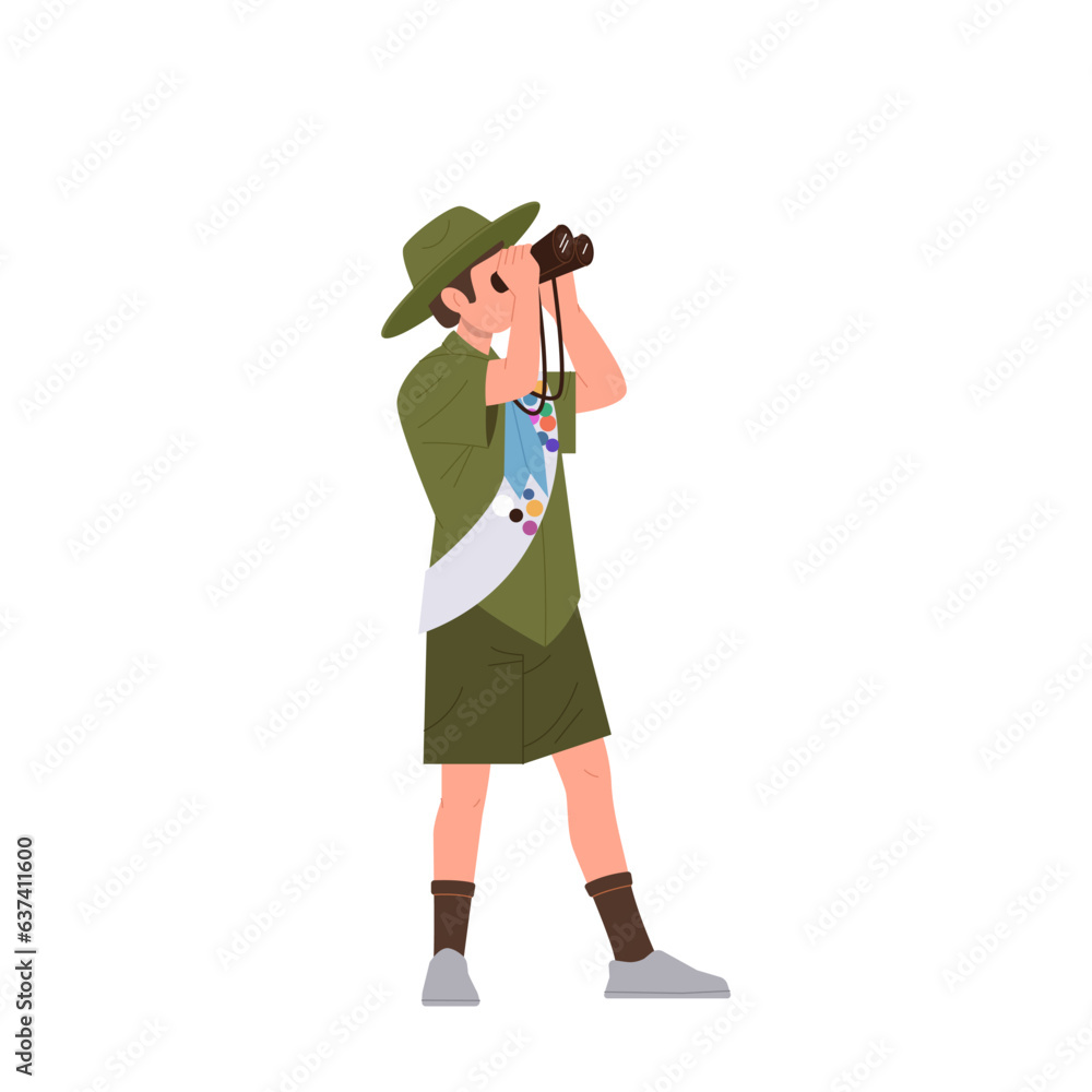 Young boy student, scout explorer cartoon character wearing uniform looking forward in binocular