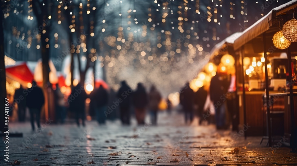 Generative AI, Christmas fair blurred background, winter street market in Europe - obrazy, fototapety, plakaty 