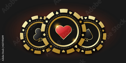 Gambling coin with suit hearts. Trio of playing chips or token. Realistic playing chip with the suit of hearts in the center, gambling tokens. Banner for web app or site. Concept poker or casino.