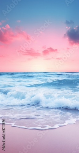 Abstract blue water and pink sky background, Sea ocean beach landscape vertical orientation.